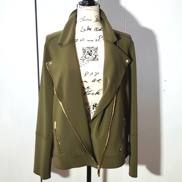 Chico's- Army Green Moto Jacket Slant Zip Gold Hardware Sz.2 Large - Picture 1 of 7